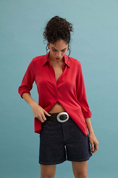 Silk and Cashmere Koyu Fuşya Saf İpek Audrey Uzun Kollu Gömlek