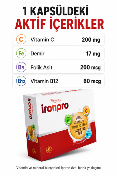 DR HADI Ironpro 30 Kapsül Demir C Vitamini B12 Vitamini İçeren Takviye Edici Gıda