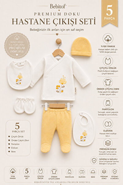 Bebitof Floral Patterned 5-Piece Newborn Hospital Release Bodysuit Set