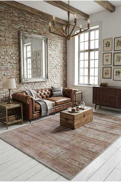 Frenda Antik Hermes Eskitme İskandinav Vintage Lüks Viskon Halı Hm01 Kahve