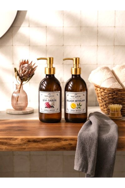 Trend Home Life Amber Bambu Ahşap Stantlı Gold Kapaklı 500 ml Sıvı Sabun Bulaşık Deterjanı Cam Şişe