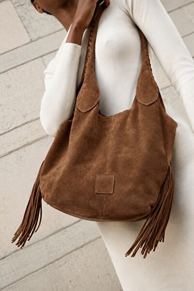 Sütlü Kahve Renk Hakiki Deri Püskül Detaylı Kadın Çanta HOBO BAG