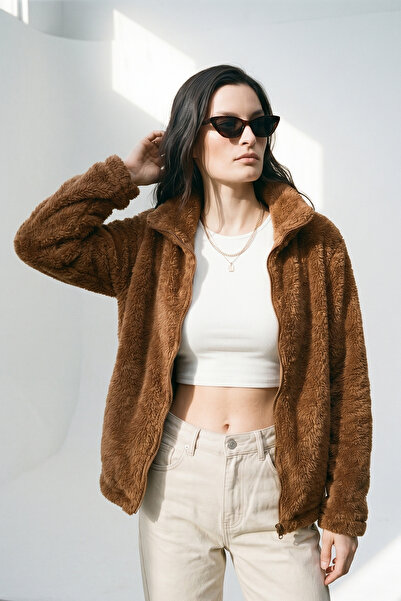 Purpleclo Cardigan de pluș Teddy cu fermoar supradimensionat pentru femei