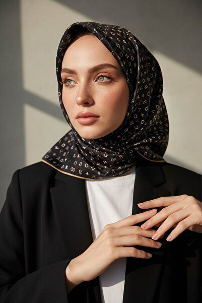 Vissona 100% حرير متماسك بنمط متقاطع أسود - بيج وشاح مقاس 90x90 طريقة الخياطة...