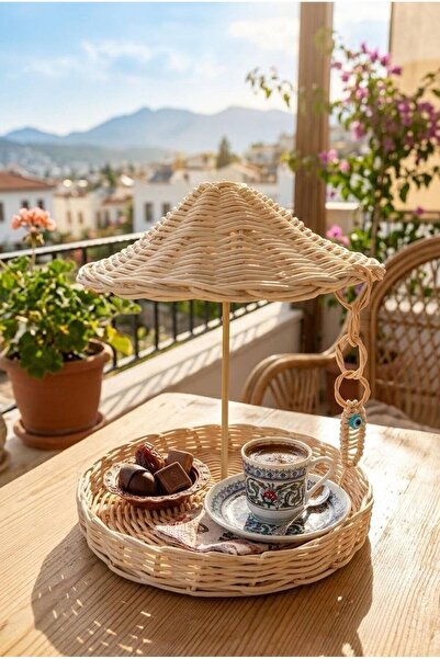 JUST BEST Rattan Bambu Bali Şemsiyeli Kahve Sunumluğu - Balık Süsü ve Nazar B...