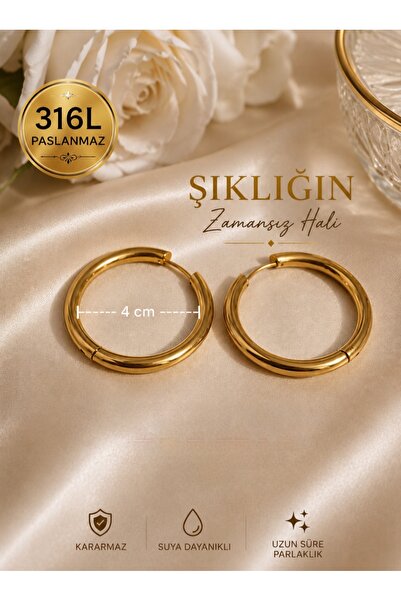 İNİTİUM Paslanmaz Çelik Basic Bombeli Gold Halka Küpe (1 çift seçilen ölçüden...
