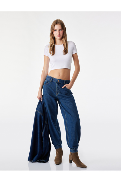 Koton Comfortable Fit, Pocketed, Buttoned, Stoppered, Short-Leg Denim Harem P...