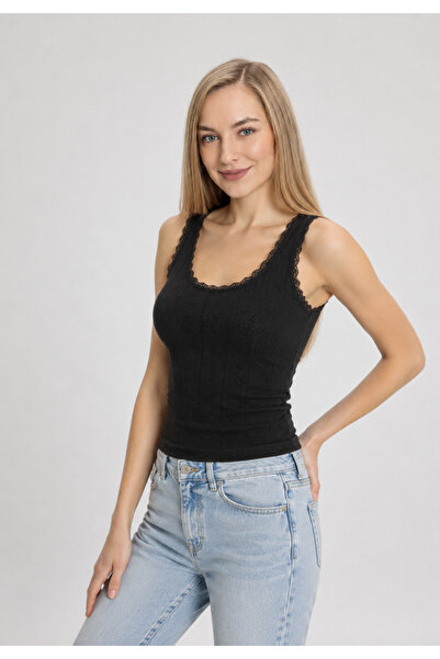 Cotpark Women's 100% Cotton Ribbed Lace Detailed Undershirt 3095 - Black
