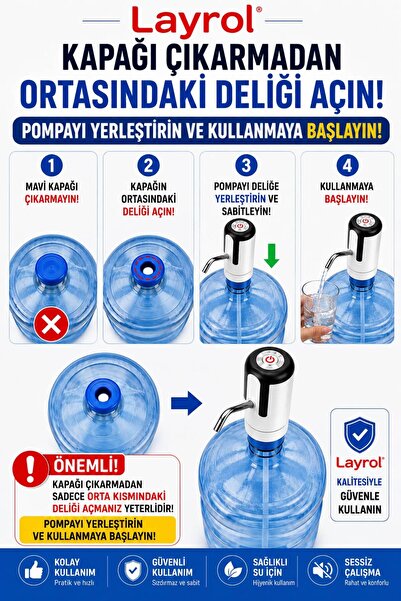 Layrol Şarjlı Otomatik Damacana Su Pompası BPA İçermez Taşınabilir Bataryalı