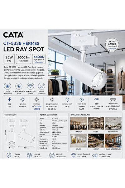 Cata CT-5338 LED Ray Spot 25W Beyaz 6400K 2000 Lümen Profesyonel Ray Armatür