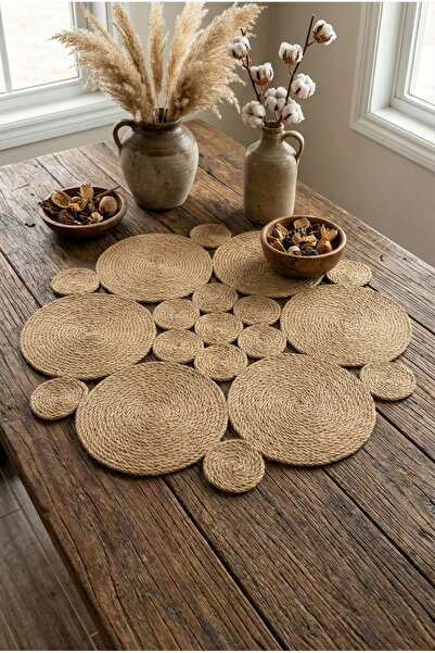 Homever Roundy 80cm Yuvarlak Hasır Jüt Salon Mutfak Masa Örtüsü / Runner / Ranır