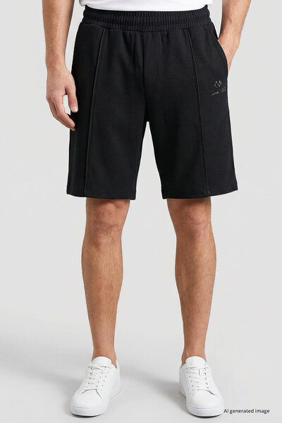 TOMMY LIFE Black Oversize Fit Basic Men's Shorts with Front Stitching Detail ...