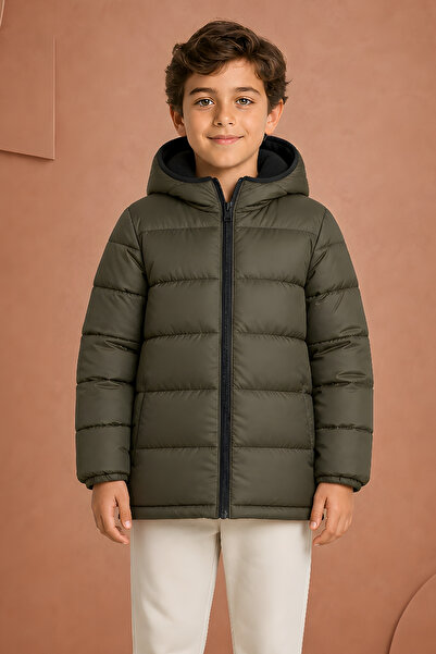 Montland Khakifarbener Fleece-Wintermantel für Jungen mit Kapuze, wasserdicht...