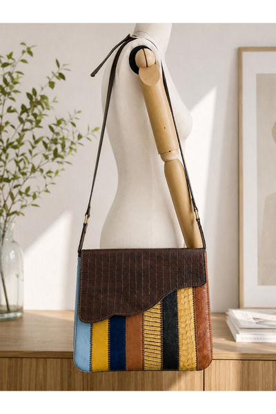 Nua Bags Hakiki Deri El Yapımı Patchwork Omuz Çantası – Çok Renkli