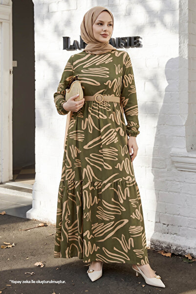 InStyle Vesa Patterned Straw Belt Dress - Khaki
