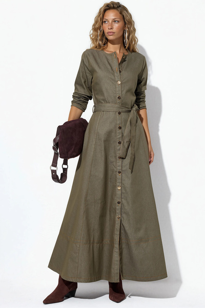 Merterium Women's Belted Long Denim Dress 1545 - Khaki