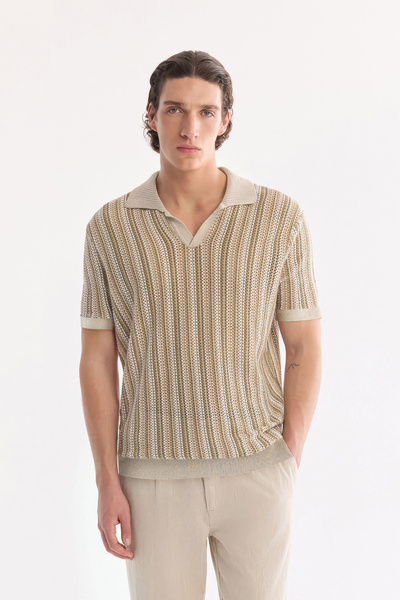 Avva Men's Beige Polo Collar Buttonless 100% Cotton Soft Touch Regular Fit Kn...