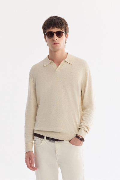 Avva Men's Beige Polo Collar Linen Blend Basic Comfort Fit Knitwear Sweater A...