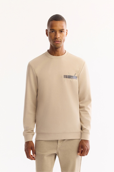 Avva Erkek Bej Bisiklet Yaka Pamuklu Bi-Stretch Baskılı Regular Fit Sweatshir...