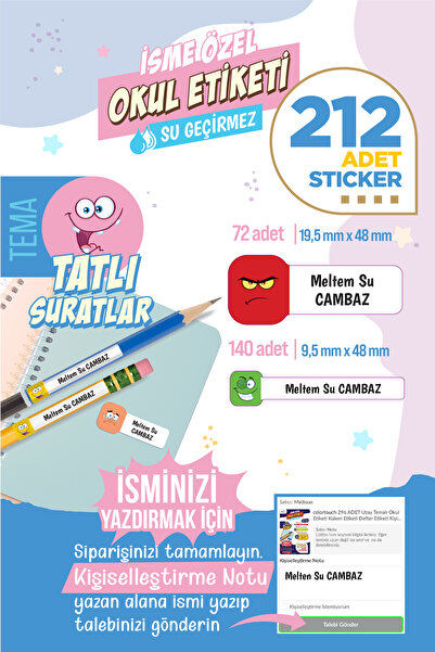 colortouch 212 ADET Tatlı Suratlar Temalı Okul Etiketi Sticker Kalem Etiket D...