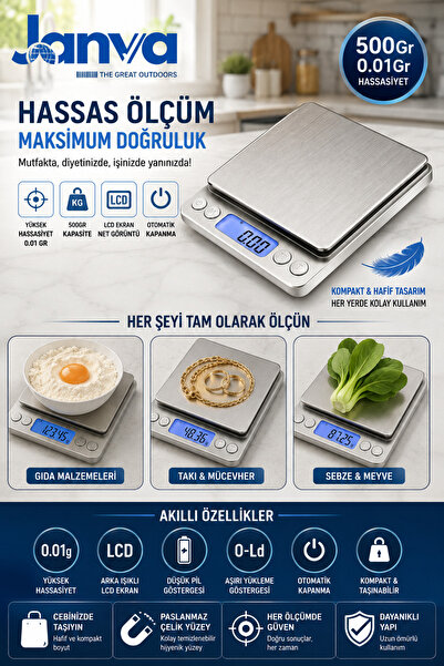 Janva Dijital Hassas Mutfak Tartısı - Mutfak Terazisı 500gr/0.01gr