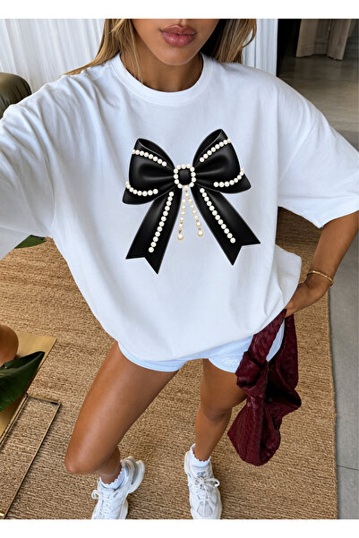 donamod Unisex Women'S/Men's Oversize Cotton Crew Neck T-Shirt with Ribbon Fl...