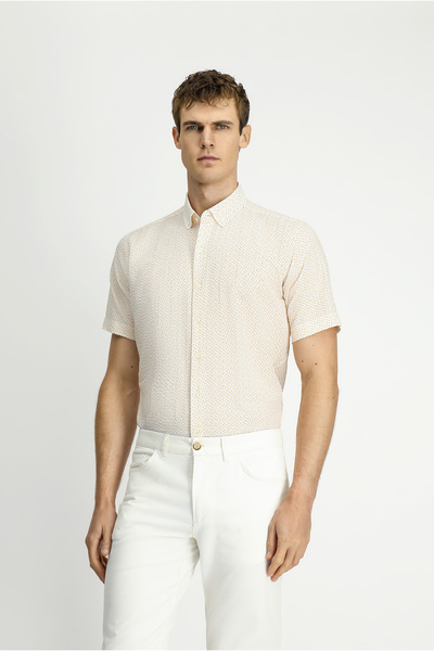 Kiğılı Short Sleeve Regular Fit Pocketed Button Collar Patterned Cotton Shirt