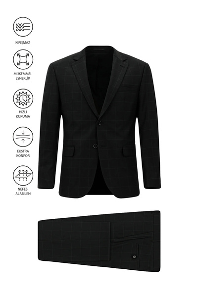 Abdullah Kiğılı 8 Drop Muscle Fit Long Athletic Cut Flex Suit Wool Piece Chec...