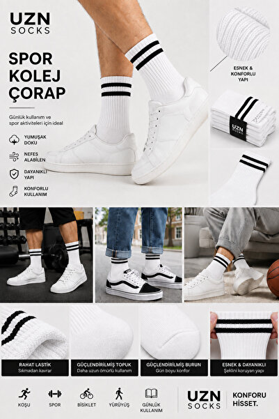 UZN SOCKS White Striped College Socks 6-Piece Cotton Sports Casual Comfortabl...