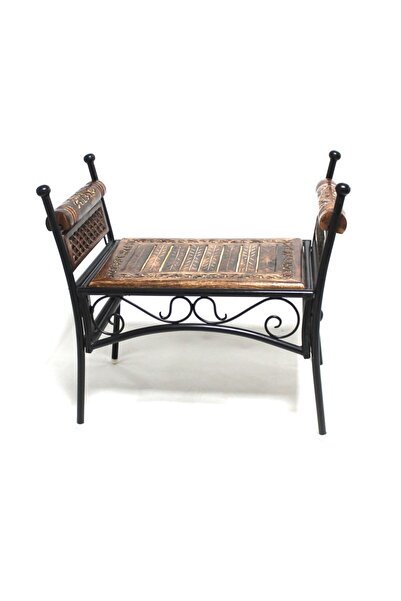 Otantik Çarşı Eskitme Ahşap Ferforje Puf Tabure 63x38x62 cm. KNA248