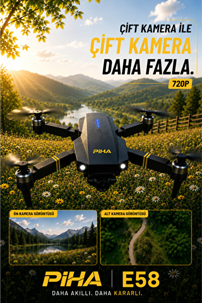 piha E58yeni Fırçasız Motor Hd 720p Çift Kameralı 30dk Uçuş Süresi 2 Bataryalı Taşıma Çantalı Drone