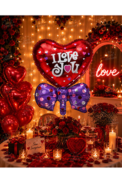 Parti Dükkanı I Love You Heart Bow Foil Balloon 24 Inch Red Purple Helium Com...
