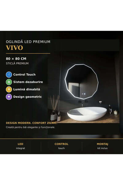 OEM Oglinda LED Rotunda, 80cm, VIVO Touch, Sistem Dezaburire, Dimabila