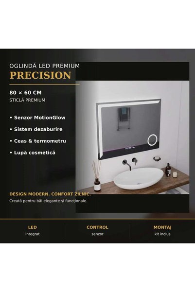 OEM Oglindă dreptunghiulară LED 80x60, Marcello, dezaburitor, termometru și ceas