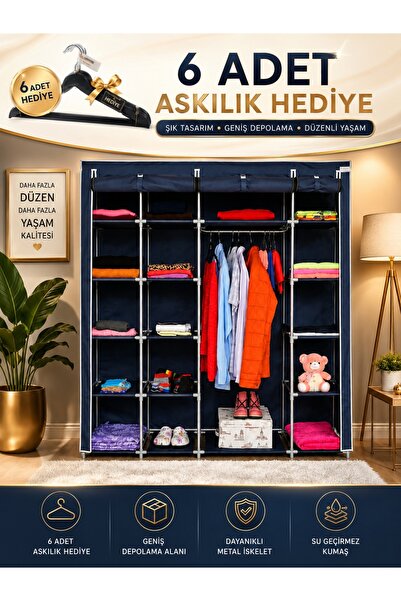 Teknor Prado Xtra Çift Yandan Raflı Çelik Profilli Bez Dolap Lacivert (6 Askı...