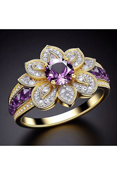 Choice3 7 A704 Huitan Gold Color Flower Ring Charming Purple Cubic Zirconia A...