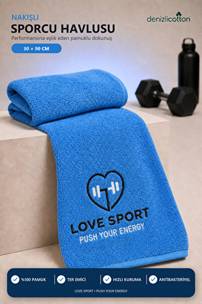 denizlicotton Embroidered Sports Towel Cotton, Anti-Bacterial, Sweat-Absorben...