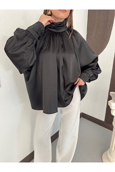 Ekim Store Σατέν Πλισέ Μπλούζα με Μανίκια Νυχτερίδας σε Χαλαρή Γραμμή