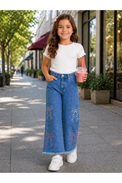 NAWİ 26904-26 Girls' Denim Trousers Wide Leg Bow Embroidery Detailed Casual C...