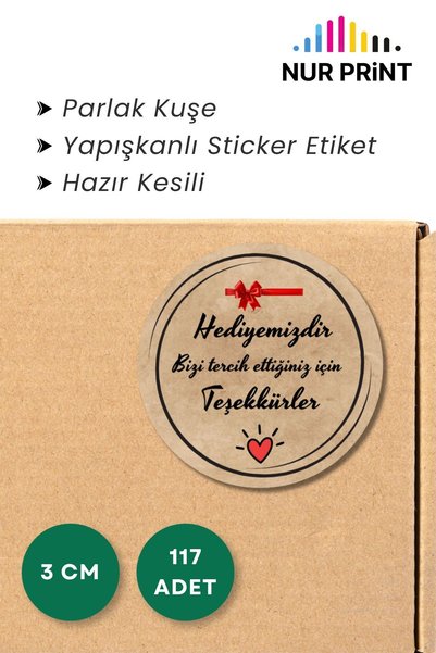 Nur Print Yapışkanlı Sticker, Yuvarlak Etiket Çap 3 cm, Parlak Kuşe, Hediye P...