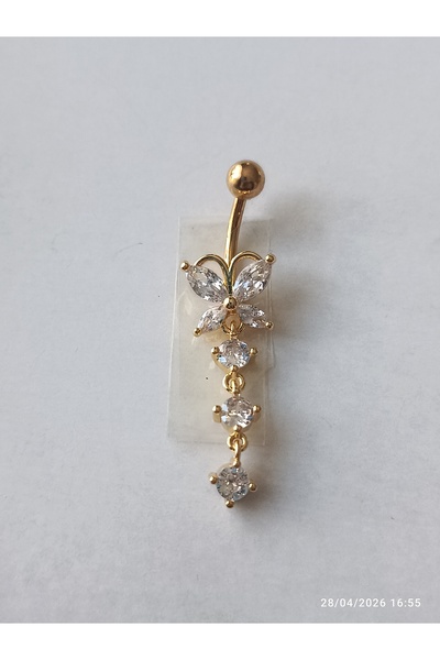 AyçaSilver Gold rengi zirkon taşlı kelebek modeli sallantılı göbek piercing