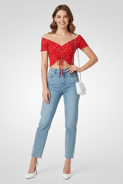 Don't Call Me Jennyfer Women V-Neck Short Sleeve Floral Printed Top, Red