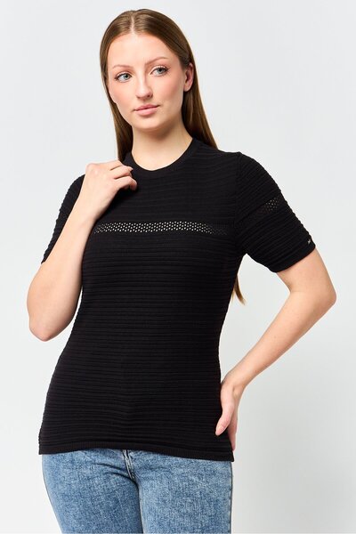 Tommy Hilfiger Women Round Neck Short Sleeve Textured Top, Black