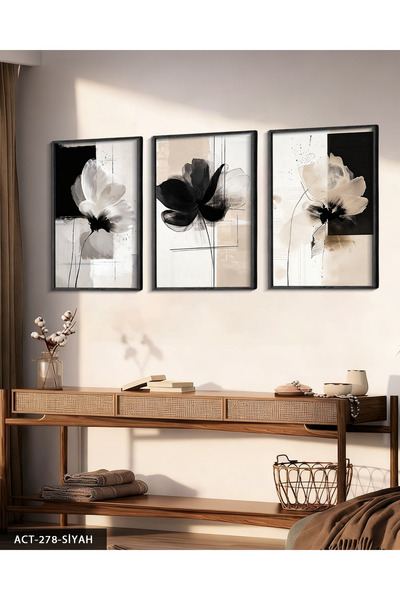 CeSht Boho Style Flower 3 Τεμάχια Μαύρο Ξύλινο Πίνακα με Κορνίζα ACT