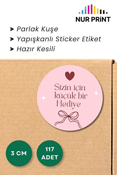 Nur Print Yapışkanlı Sticker, Yuvarlak Etiket Çap 3 cm, Parlak Kuşe, Hediye P...