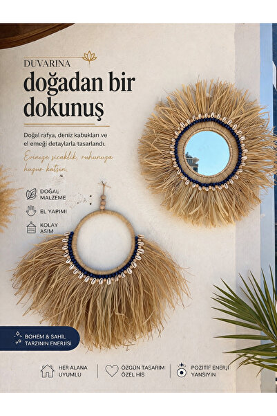 Gunwood Doğal Rafya & Deniz Kabuklu Dekoratif Ayna ve Duvar Süsü 🌿