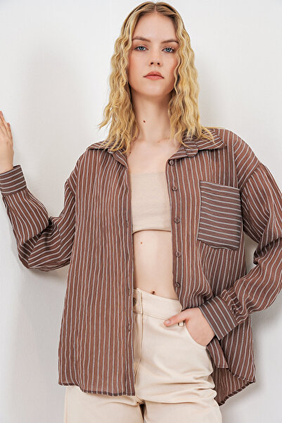 Bigdart Γυναικείο πουκάμισο με μία τσέπη, ριγέ, oversized 20375 - Καφέ