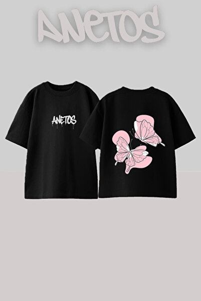 Anetos Tricou oversize negru din bumbac cu imprimeu pe spate Pink Butterflies...