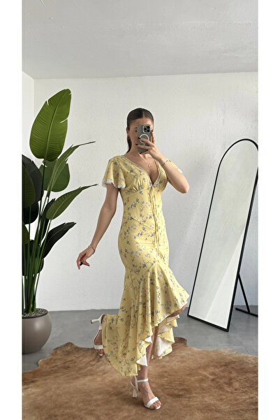 asfamoda Γυναικείο κίτρινο φόρεμα μίντι με φλοράλ σχέδιο και βολάν – με λαιμό...