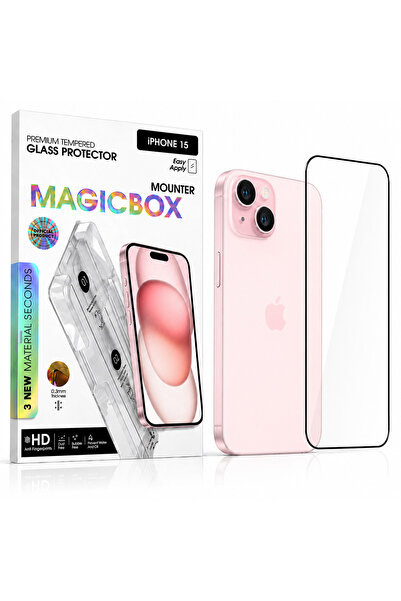 iPhone 15 Temperli Cam Ekran Koruyucu Magic Box Kolay Kurulum 9H Çizilmez Full Kaplama
